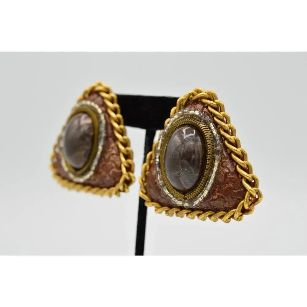 Vintage Clip On Earrings Faux Leather Wooden Bead Gold Chain Chunky 1980s 9L